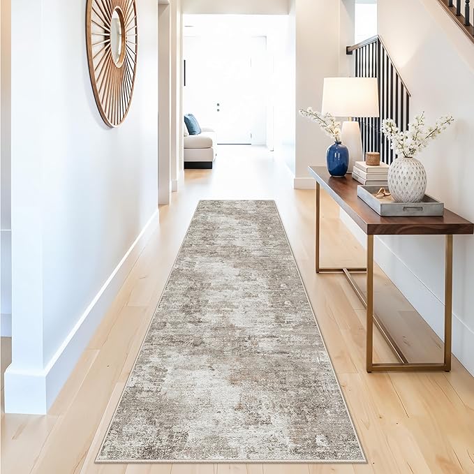 2x8 Washable Non-Slip Hallway Runner Rug – Modern Abstract Soft Carpet for Kitchen, Bedroom with Rubber Backing – Low-Pile Thin Stain-Resistant Rug for Bathroom,Laundry Room,Entryway（Beige Grey）