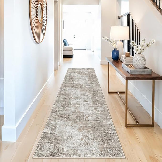 2x12 ft Long Hallway Runner Rug - Non-Slip Washable Soft Carpet Runners for Kitchen Hall Entryway Bathroom, Modern Abstract Neutral Low Pile Thin Stain-Resistant Floor Runner with Rubber Backing