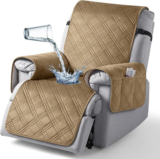TAOCOCO 100% Waterproof Recliner Chair Cover, Recliner Covers for Recliner Chair with Pocket, Non Slip Reclining Chair Cover Furniture Protector for Kids, Pets(30'', Khaki-Velvet)