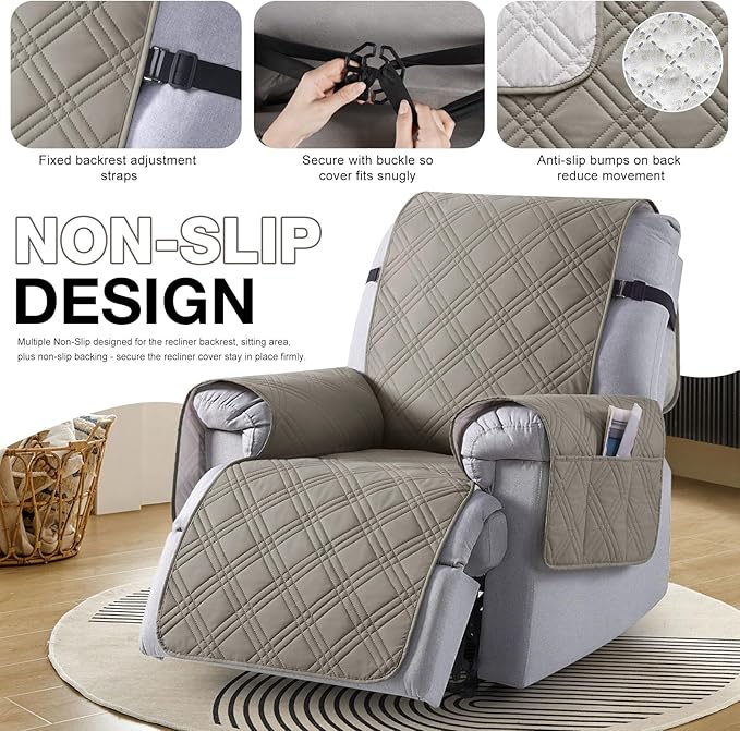 TAOCOCO 100% Waterproof Recliner Chair Covers, Non Slip Recliner Covers for Recliner Chair with Pocket, Washable Reclining Chair Cover Furniture Protector for Kids,Dogs(25'', Light Brown)