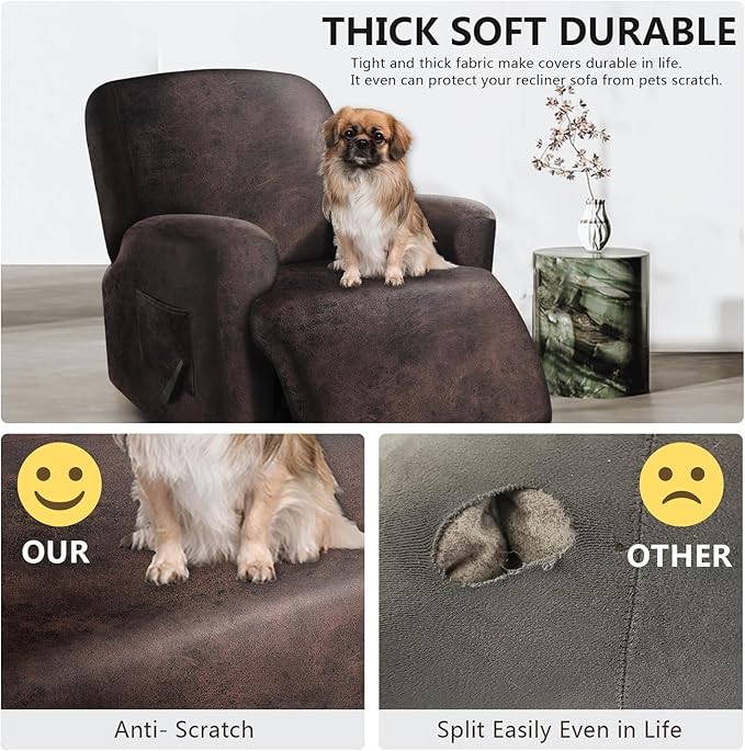 ANARACHON Recliner Chair Covers Leather Like, 4 Pieces Recliner Cover for Recliner Chair, Soft Sofa Slipcover Furniture Protector Washable Sofa Cover for Pets Kids (X-Large, Dark Brown)