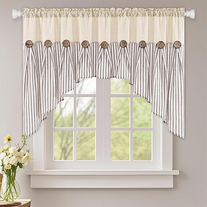 ASPMIZ Farmhouse Cotton Linen Swag Valances for Windows, Boho Kitchen Curtains Valances with Rustic Buttons, Brown Striped Window Treatments Curtain Valance for Bathroom Cafe, 61 x 36 Inch, 1 Panel