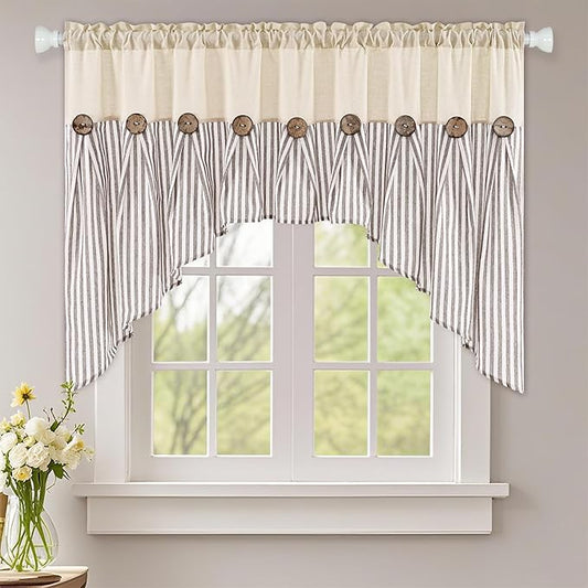 ASPMIZ Farmhouse Cotton Linen Swag Valances for Windows, Boho Kitchen Curtains Valances with Rustic Buttons, Brown Striped Window Treatments Curtain Valance for Bathroom Cafe, 61 x 36 Inch, 1 Panel