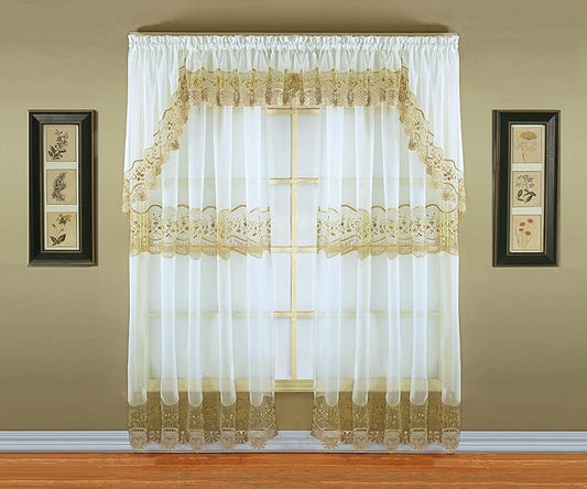 Today's Curtain, Vintage Macramé Organza Panel 84", Ecru/Gold, 58" W x 84" L