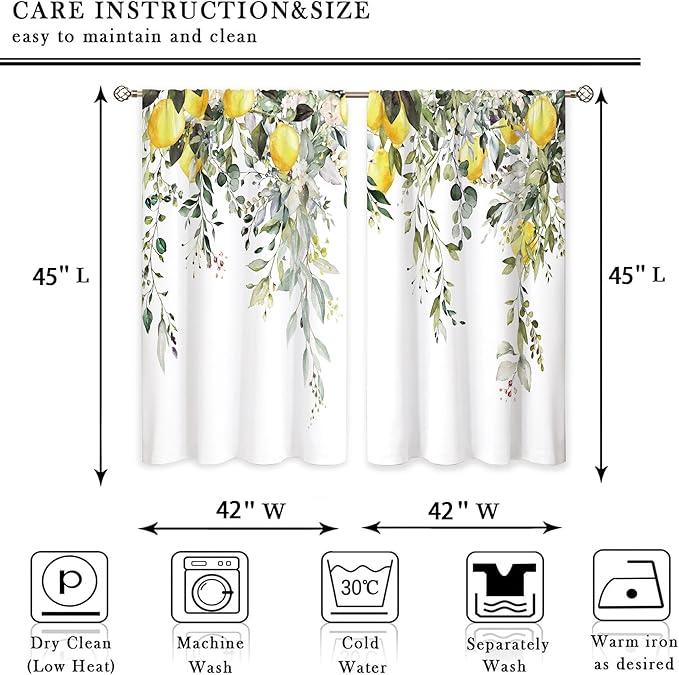 Eucalyptus Botanical Leaves Yellow Lemon Window Curtains Herb Plant Floral Fruit Sage Green Rod Pocket Curtain Drapes Flower Curtains for Bedroom Living Room Treatment 2 Panels 42Wx45H Inch
