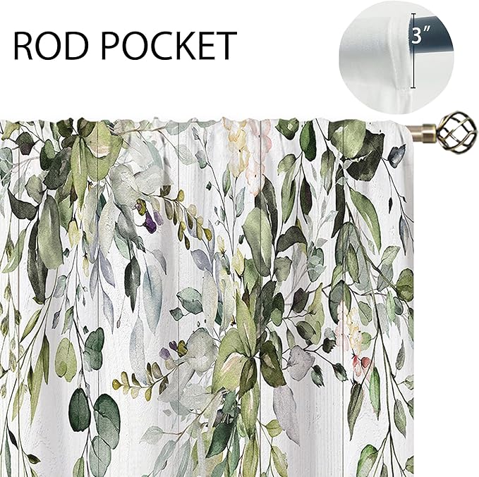 Wooden Sage Green Eucalyptus Leaves Window Curtains Flower Floral Botanical Plant Wildflower Farmhouse Curtain Drapes Herb Curtains for Bedroom Living Room Treatment 2 Panels 42Wx45H Inch