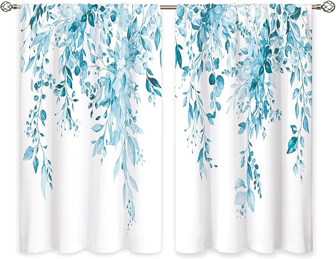 Blue Eucalyptus Botanical Leaves Floral Kitchen Window Curtains Over Sink Farmhouse Flower Spring Small Window Treatment Cafe Short Curtains for Bathroom Treatment Tier Drapes27.5x39 inch