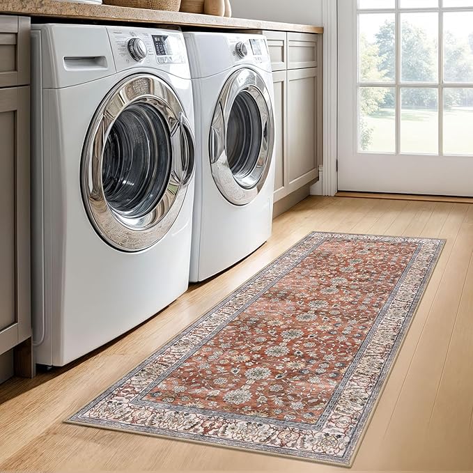 KUTA Runners for Hallways 2x5 ft, Vintage Floral Rug Non-Slip Washable Kitchen Rugs Red Clay Ultra Thin Soft Printed Distressed Flower Carpet Entryway Rugs for Bedroom Laundry Nursery