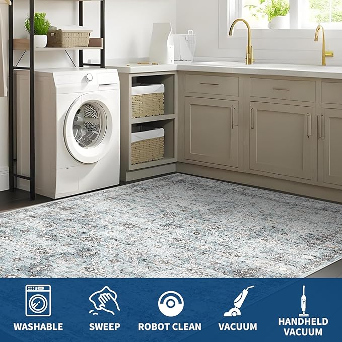 GarveeHome Hallway Washable Runner Rug 2x6 Vintage Soft Kitchen Rugs with Non Slip Backing, Low Pile Stain Resistant Distressed Oriental Floral Print Carpet for Bedroom, Bathroom, Grey and Blue