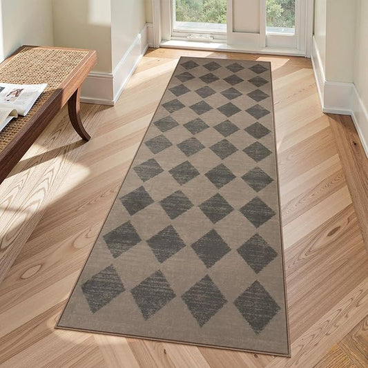 Lahome Zelie Checkered Washable 2x6 Brown Runners for Hallways Non Slip, Ultra-Thin Kitchen Bathroom Runner Rugs, Moroccan Trellis Throw Carpet Runner for Bedroom Entryway Decor (2'x6',Brown)