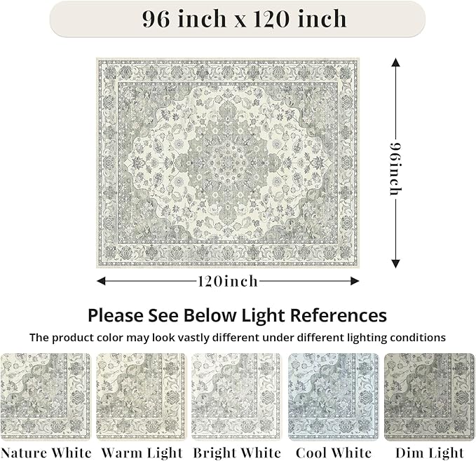 Green 8x10 Washable Large Area Rug, Non-Slip Soft Ultra-Thin Polyester Carpet with Vintage Vintage Stain Large Rug for Living Room, Bedroom, Dining Room & Open-Concept Spaces Oeko-TEX - Green