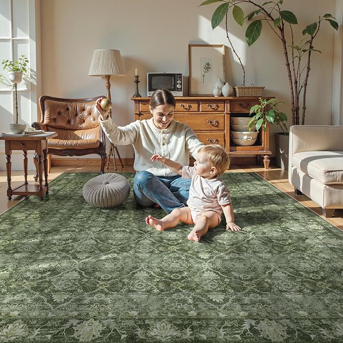 Hedlive Green Washable Area Rugs 8x10 for Living Room, Vintage Moroccan Bedroom Rug Non Slip with Ruber Backing, Stain Resistant Large Carpet for Dining Office Home Apartment (Olive 8x10 Ft)