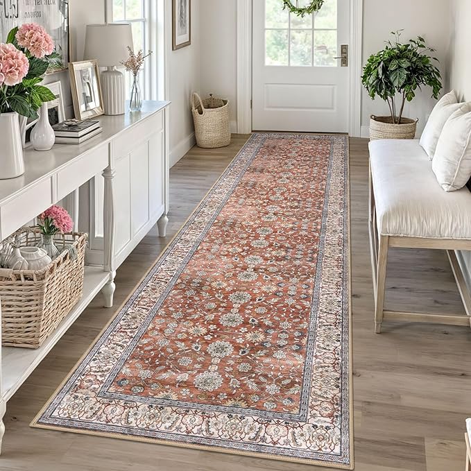 KUTA Vintage Washable Runner Rug, 2.6x10 Red Clay Runners for Hallways Non-Slip Kitchen Rugs Ultra Thin Soft Printed Distressed Oriental Floral Floor Carpet for Laundry Bedroom Living Room Nursery