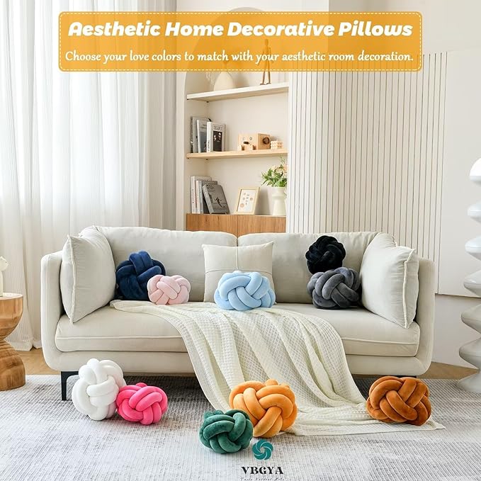 Knot Pillow Ball, Soft Decorative Throw Cushion, 11 Inch Round Plush Knotted Pillow Dark Yellow, Modern Home Decor Cushion for Bedroom, Sofa, Couch