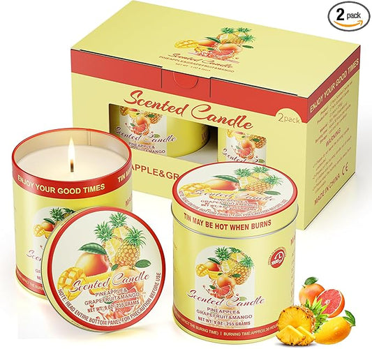 2 Pack Scented Candles (90 Total Burn Hours) - Soy Wax Candles 9 oz Each in Tin - Long Lasting Aromatherapy Candle Gift Set (Pineapple Grapefruit Mango)
