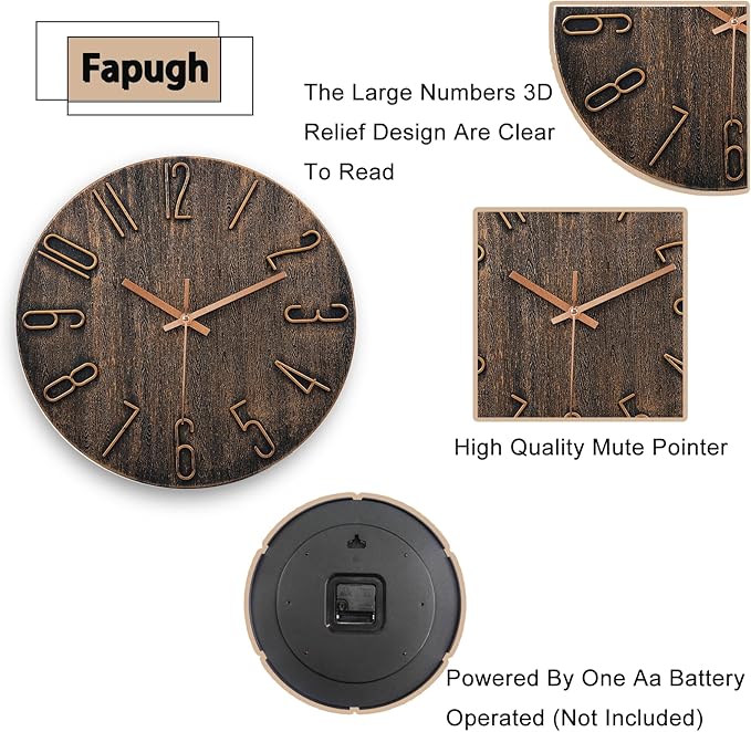Wall Clock, Silent Clock, Wall Clocks Battery Operated， 12 inch Modern Wall Clock, Suitable for Offices, Living Rooms, Kitchens, Homes, Schools (Brown)