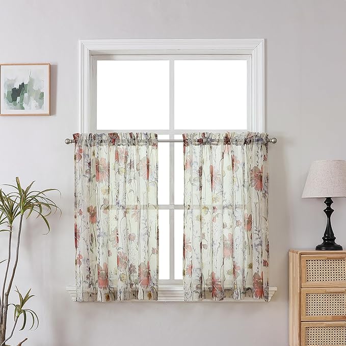 OWENIE Crushed Sheer Cafe Curtains Kitchen Tiers 30 Inch Length 2 Panels, Printed Design Small Window Half Curtains for Bathroom Bedroom Cupboard Living Room, Short Light Filtering Curtain, 42"x30"
