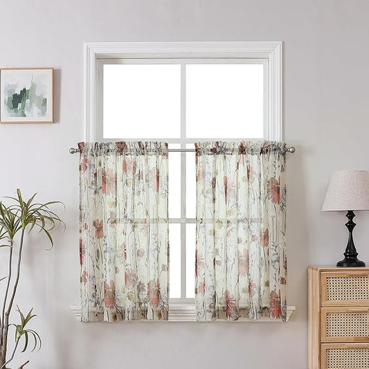 OWENIE Crushed Sheer Kitchen Cafe Curtains Tiers 24 Inch Length 2 Panels, Printed Design Small Window Half Curtains for Bathroom Bedroom Cupboard Living Room, Short Light Filtering Curtain, 42"x24"