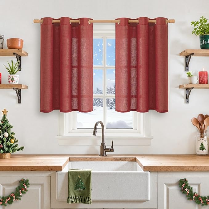 YoungsTex Burgundy Red Linen Curtains 36 Inch Length, Short Light Filtering Drapes Semi Sheer with Bronze Grommet Lightweight for Cafe Bathroom Window, 42 x 36 Inch, 2 Panels