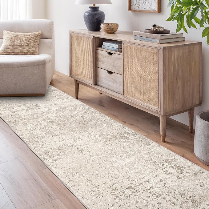 Art&Tuft Non-Slip Runner Rug - 2'6"x12' Runner Rug Washable Low-Pile Rugs Runners, Soft Distressed Carpet Runner for Bedroom Bathroom Kitchen Laundry Living Room, Beige