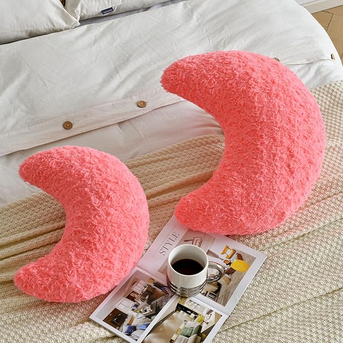 Moon Pillow, Decorative Throw Pillow with Soft Faux Fur for Couch Bed Sofa, Cute Half Moon Pillows with Room Decor for Bedroom Living Room (19 Inches, Rose Pink)