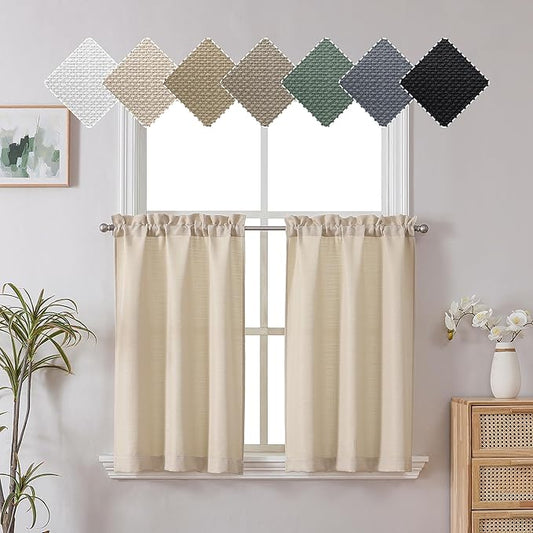 Chyhomenyc Short Curtains 36 Inch Length, Faux Linen Textured Small Kitchen Curtains, Light Filtering Half Window Curtains for Bathroom Basement Cabinet, Each 30x36 Inch, Linen Color