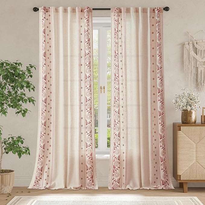 jinchan Winslow Linen Curtains for Bedroom 108 Inches Length Embroidered Bordered Floral Curtains for Living Room Farmhouse Decor Light Filtering Window Treatments Red on Beige Drapes 2 Panels