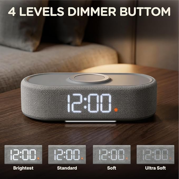 Fabric Digital Alarm Clock for Bedroom, Wireless Charging, Black - Image 6