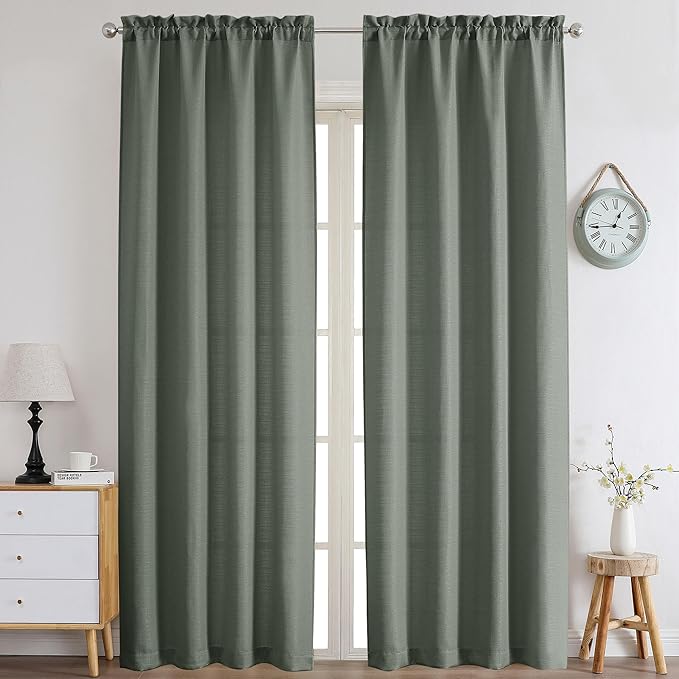 Chyhomenyc Olive Green Curtains 90 Inch Length 2 Panels Set, Faux Linen Textured Semi Sheer Light Filtering Soft Airy Privacy Farmhouse Curtain Drapes for Living Room Bedroom, 40 Wx90 L Inches