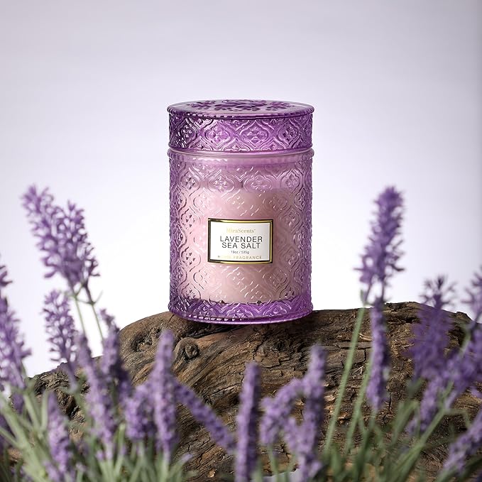 Lavender Sea Salt Scented Candles, 19oz Candles Gifts for Women, Purple Luxury Large Decorative Candles in Glass, Natural Soy Wax for Home
