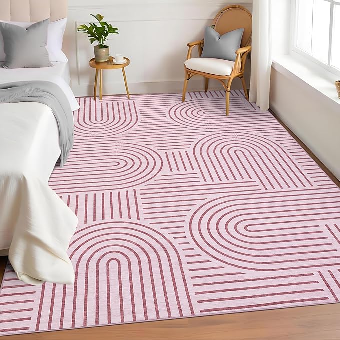 ROYHOME Washable Rug 5x7 Area Rugs for Living Room, Abstract Rug for Bedroom, Soft Rainbow Non Slip Throw Rugs with Rubber Back, Low Pile Stain Resistant Boho Geometric Carpet for Dining Room, Pink