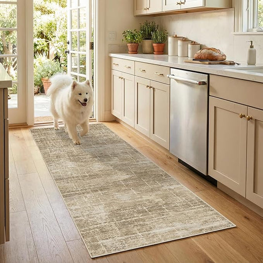 2x6 Washable Kitchen Runner Rug - Modern Abstract Neutral Carpet with Non-Slip Backing Low-Pile Stain-Resistant Thin Runners for Hallway Bathroom Bedroom Entryway (2x6，Tan/Brown)