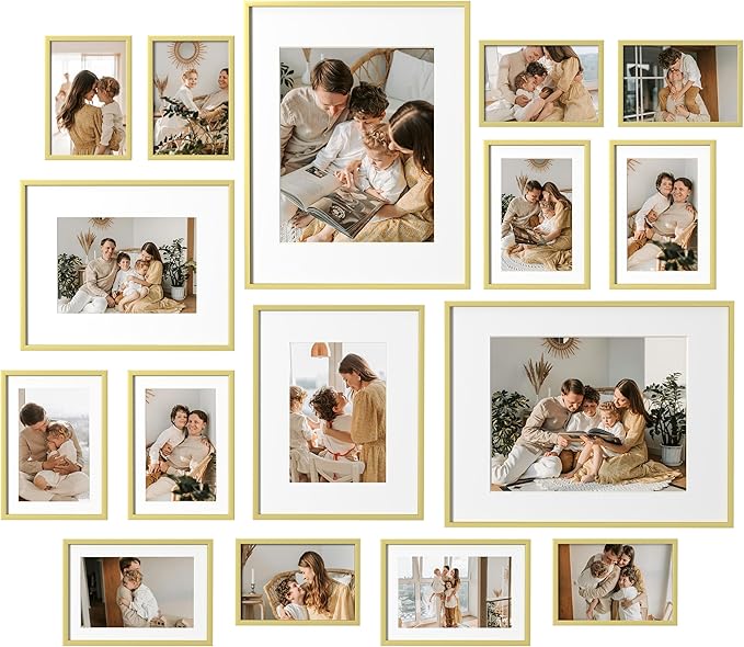 eletecpro Aluminum Gallery Wall Frame Set of 16, Including 2Pcs 11x14, 2Pcs 8x10, 6Pcs 5x7, 6Pcs 4x6 Photo Frames for Wall or Tabletop Display, Multiple Sizes Picture Frames Collage Wall Decor, Gold