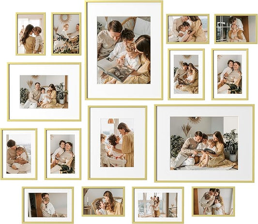 eletecpro Aluminum Gallery Wall Frame Set of 16, Including 2Pcs 11x14, 2Pcs 8x10, 6Pcs 5x7, 6Pcs 4x6 Photo Frames for Wall or Tabletop Display, Multiple Sizes Picture Frames Collage Wall Decor, Gold