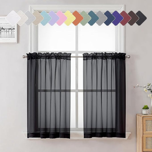 Lecloud 36 Inch Black Curtains Sheer Tiers for Kitchen Set of 2 Pieces, Dual Rod Pocket Window Small Curtain for Bedroom, Elegant Living Room Bathroom Cafe Cupboard Gauzy Tiers, 40W x 36L Inch