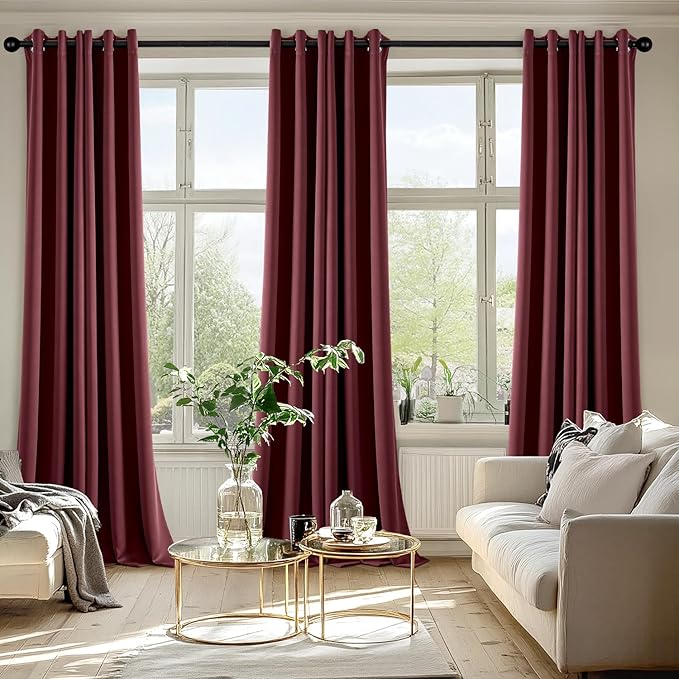 MIULEE Burgundy Red Blackout Curtains for Bedroom Living Room 90 Inches Long 2 Panels, Thermal Insulated Room Darkening Drapes Grommet Noise Reducing Light Blocking Window Treatments 40x90 Inch