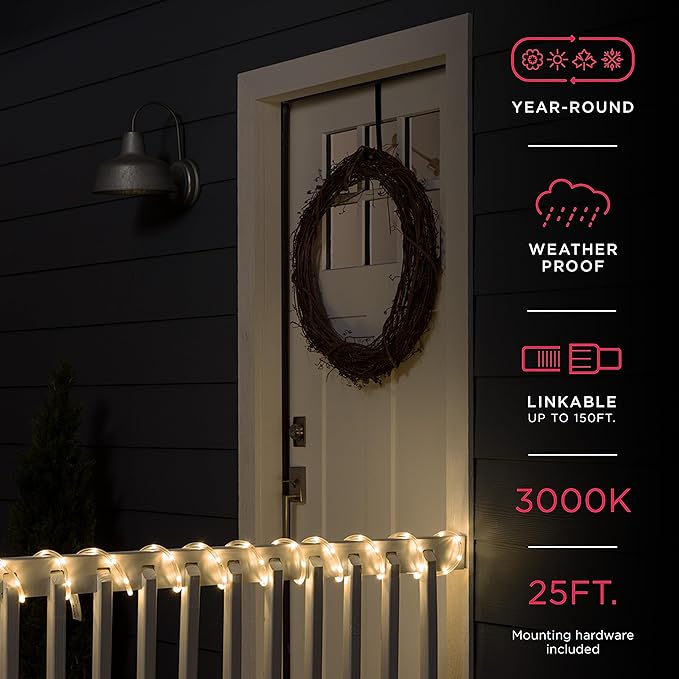 UltraPro LED Rope Lights, 25ft Classic Clear Rope, Warm White Light 3000K, Indoor/Outdoor, Flexible, Linkable, Durable, Rope Lights Outdoor, 54504
