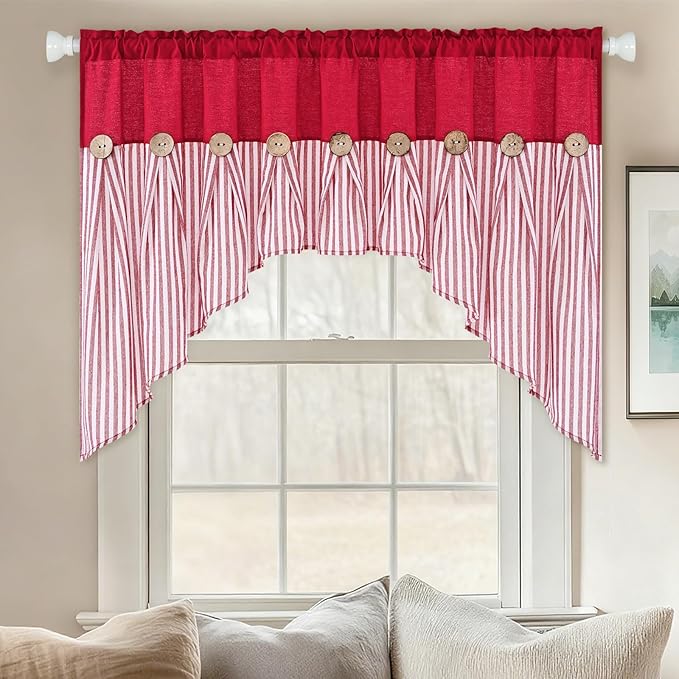 ASPMIZ Farmhouse Cotton Linen Swag Valances for Windows, Boho Kitchen Curtains Valances with Rustic Buttons, Red Striped Window Treatments Curtain Valance for Bathroom Cafe, 61 x 36 Inch, 1 Panel