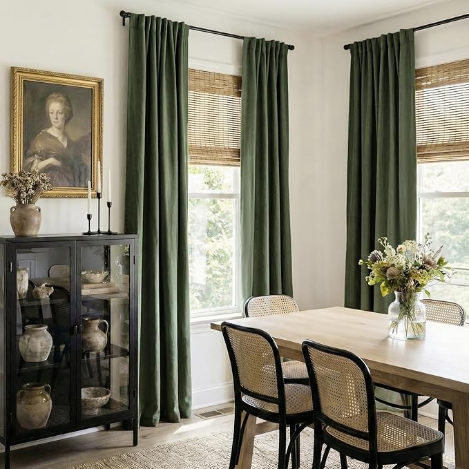 100% Blackout Shield Linen Blackout Curtains for Bedroom 96 Inches Long, Back Tab/Rod Pocket Living Room Drapes, Thermal Insulated Blackout Curtains 2 Panels Set, 50" W x 96" L, Moss Green