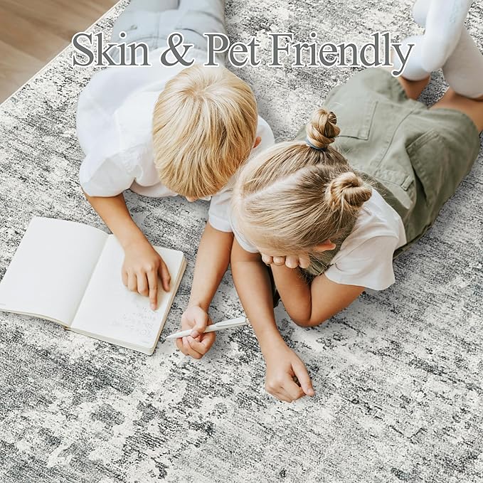 Soalmost Abstract Rug 5x7 Machine Washable Area Indoor Grey White Low Pile Non-Slip Foldable Thin Accent Rugs for Bedroom Living Room Dining Room