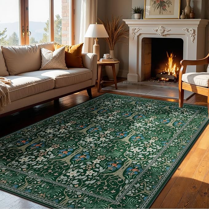 Joydeco Washable Rugs 5x7, Boho Dark Green Floral Bedroom Rug Non Slip, Soft Low-Pile Botanical Forest Indoor Floor Throw Carpet for Dining Table Living Room Playroom Dorm Home Office