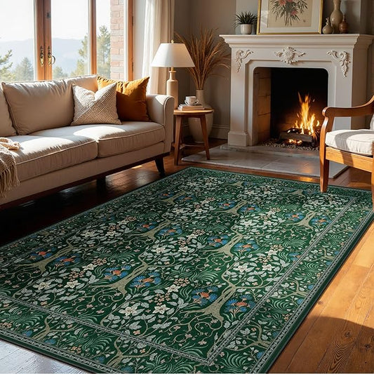Joydeco Washable Rugs 5x7, Boho Dark Green Floral Bedroom Rug Non Slip, Soft Low-Pile Botanical Forest Indoor Floor Throw Carpet for Dining Table Living Room Playroom Dorm Home Office