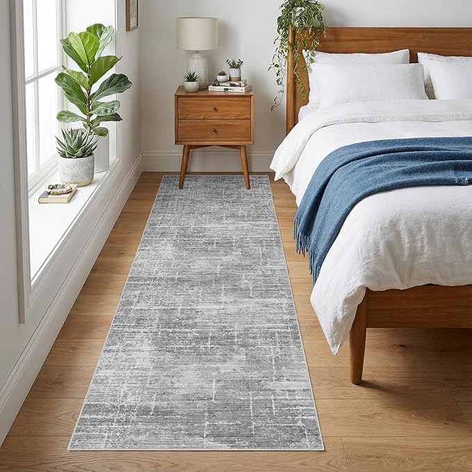 2x8 Washable Kitchen Runner Rug - Modern Abstract Neutral Carpet with Non-Slip Backing Low-Pile Stain-Resistant Thin Runners for Hallway Bathroom Bedroom Entryway (2x8, Gray)