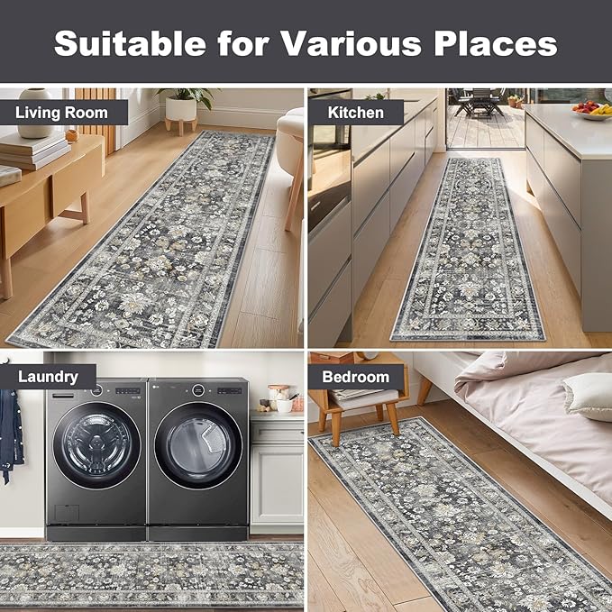 LOKHOM Washable Runner Rug, 2x8 Non-Slip Vintage Hallway Runner Rug with Rubber Backing, Boho Floral Soft Faux Wool Kitchen Rug Carpet Runner for Laundry Entryway Bedroom (Charcoal Grey)
