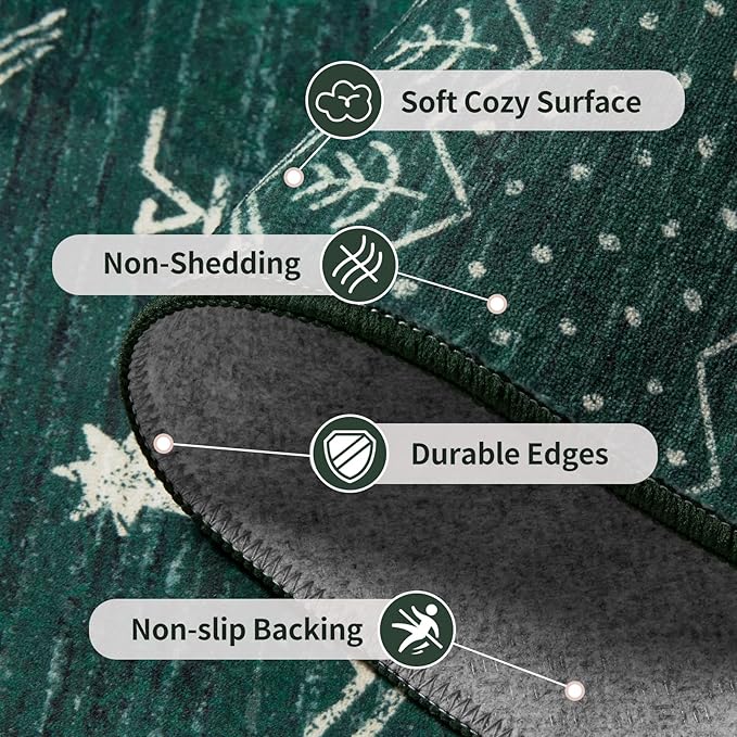 SERISSA 8x10 Area Rugs for Living Room, Washable Non-Slip Dark Green Boho Rug, Soft Low-Pile Geometric Indoor Large Carpet for Dining Room Bedroom Home Office Playroom