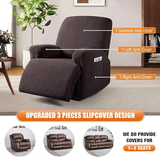 VANSOFY Recliner Chair Cover, 3-Pieces Stretch Recliner Covers for Recliner Chair Soft Reclining Chair Slipcover Furniture Protector for Dogs Cats(Chocolate)