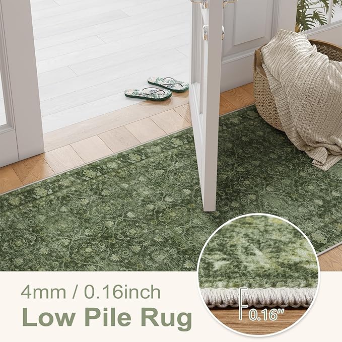 Hedlive Vintage Green Washable 2x6 Runners for Hallways, Boho Kitchen Runner Rug Non Skid, Soft Low Pile Floor Carpet for Entry Bathroom Bedside High Traffic Area (2'x6', Green)