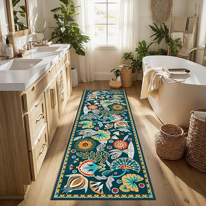 Joydeco Egypt Floral Boho 2x8 Bathroom Hallway Runner Rug Non Slip, Washable Dark Green Kitchen Rug Runner, Vintage Ultra-Thin Long Carpet for Entryway Laundry Bath Room Bed Beside