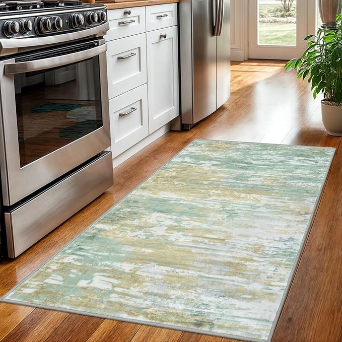 KOZYFLY Modern Abstract 3x5 Area Rug Washable Bedroom Rug Light Green Yellow, Throw Entry Mat Non-Slip Stain Resistant Carpet Dining Room Rug with Soft Low Pile for Living Room Kitchen Bath Office