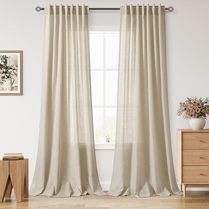 Eggshell Beige Linen 112 Inch Curtains for Living Room Light Filtering Semi Sheer Curtain Back Tab Rustic Farmhouse Decor Burlap Elegant Drapes Floor to Ceiling High Window for Bedroom 52x112,2 Panels